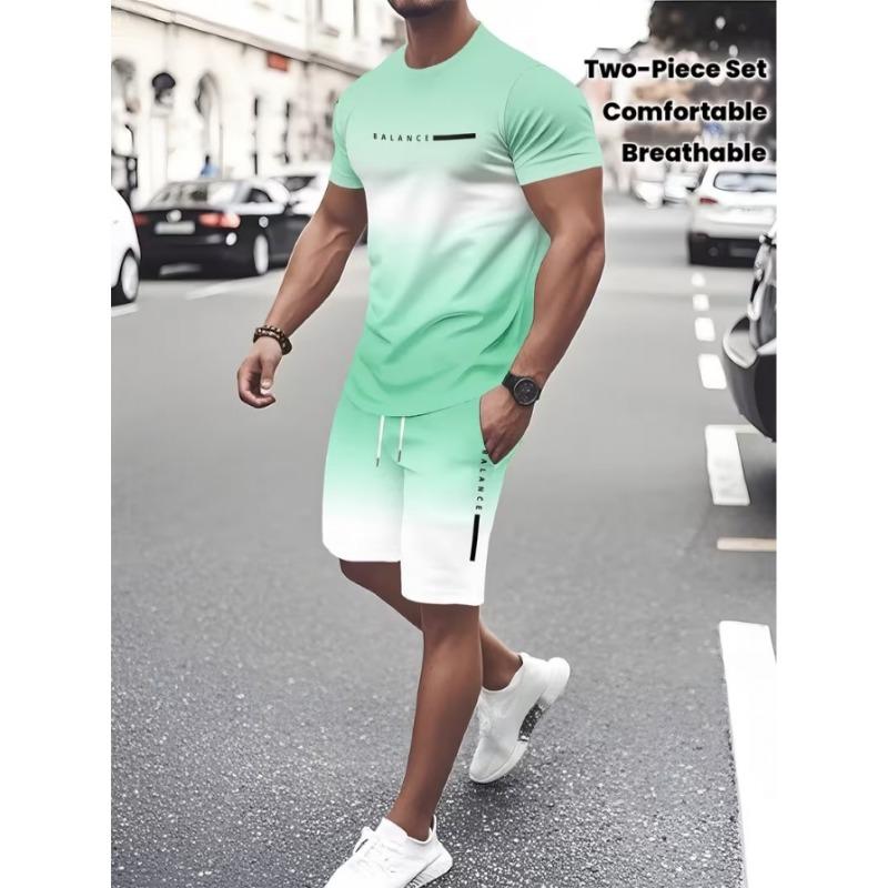 Herren Sommer Zweiteiler in einem atmungsaktiven und bequemen Outdoor-Freizeitdesign, Grünverlauf Kurzarm Rundhals T-Shirt kombiniert mit Shorts