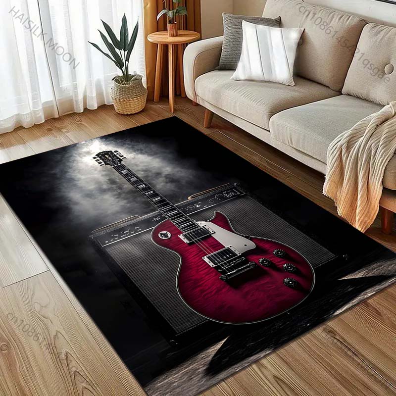 Roter Gitarren- und Stereo-Print Teppich für Schlafzimmer, Wohnzimmer, Bettseite, Sofa, Bodenmatte, moderne Heimdekoration, Bereichsteppich, Luxusgeschenk