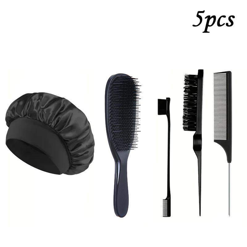 5/7pcs Hair Care Kit Tangled Hollow Out Comb with Rat Tail Edge Control Brush Spray Bottle Soft Satin Sleeping Cap Styling Tools