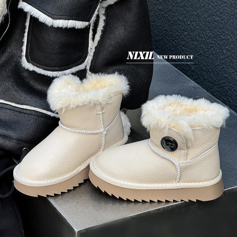 Winter new children's leather snow boots simple and versatile large cotton boots real hairy warm boots for boys and girls
