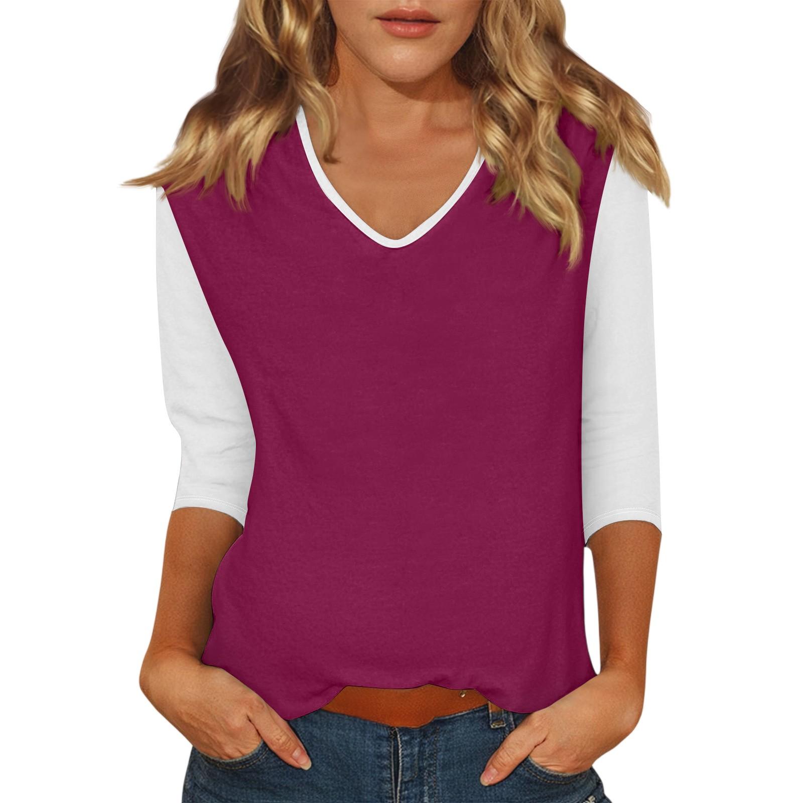 

Женский повседневный модный сексуальный удобный топ с V-образным вырезом, цветной вставкой и рукавом три четверти XL винный