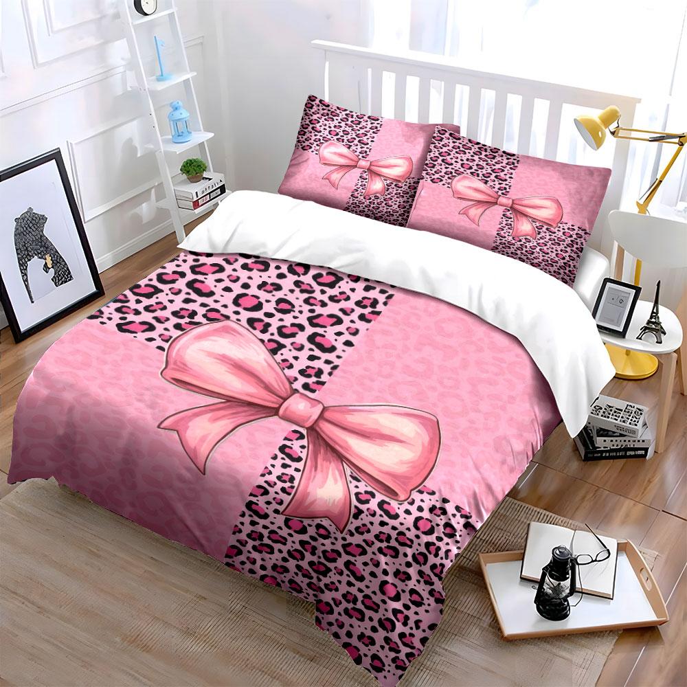 "Pink Leopard Bow Set Decor" Soft Skin-Friendly Bedding Set Includes 1 Duvet Cover And 2 Pillowcase Gift