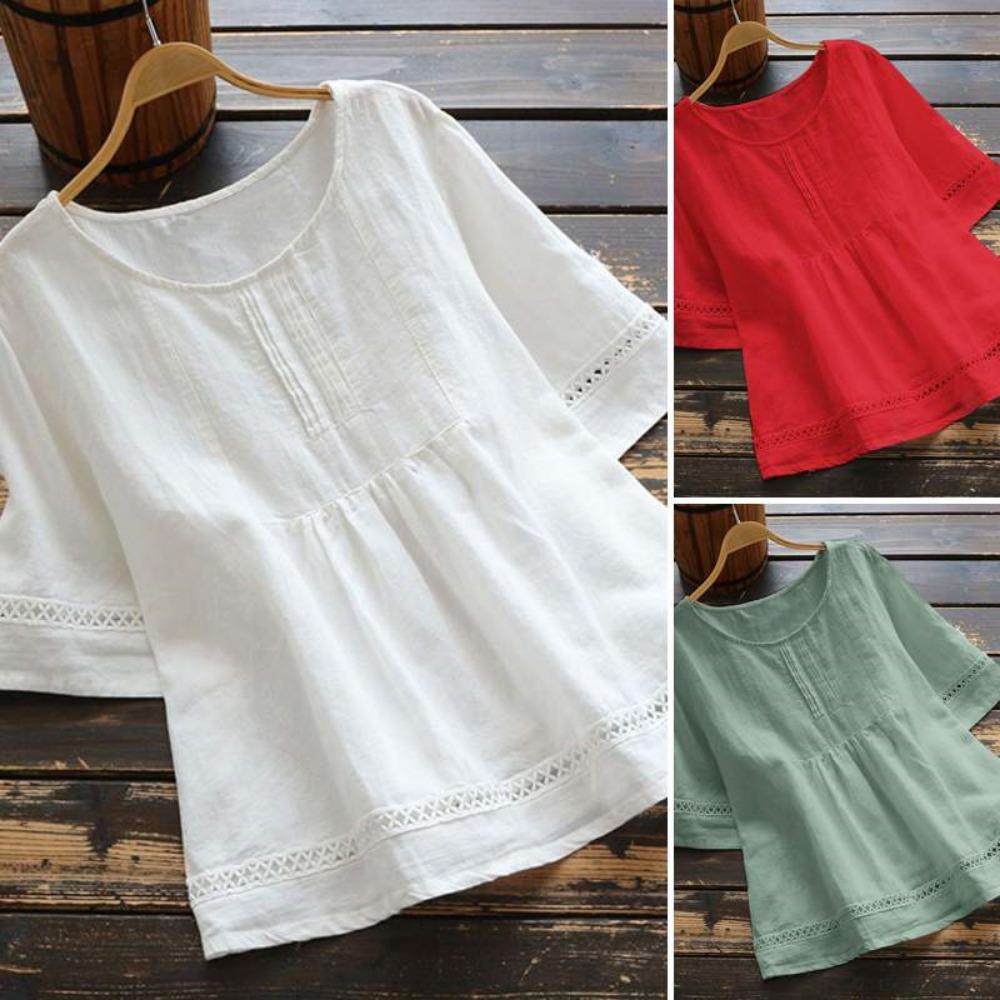 Women's Retro Casual Petticoat Summer Solid Color Cotton Linen Top Half Sleeve Round Neck Splicing Shirt Hollow Top
