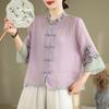 New Cotton Linen Summer Retro Ethnic Embroidery Stand Collar Shirt Women Vintage Button Patchwork Seven-Seventh Sleeve Top Loose Fit
