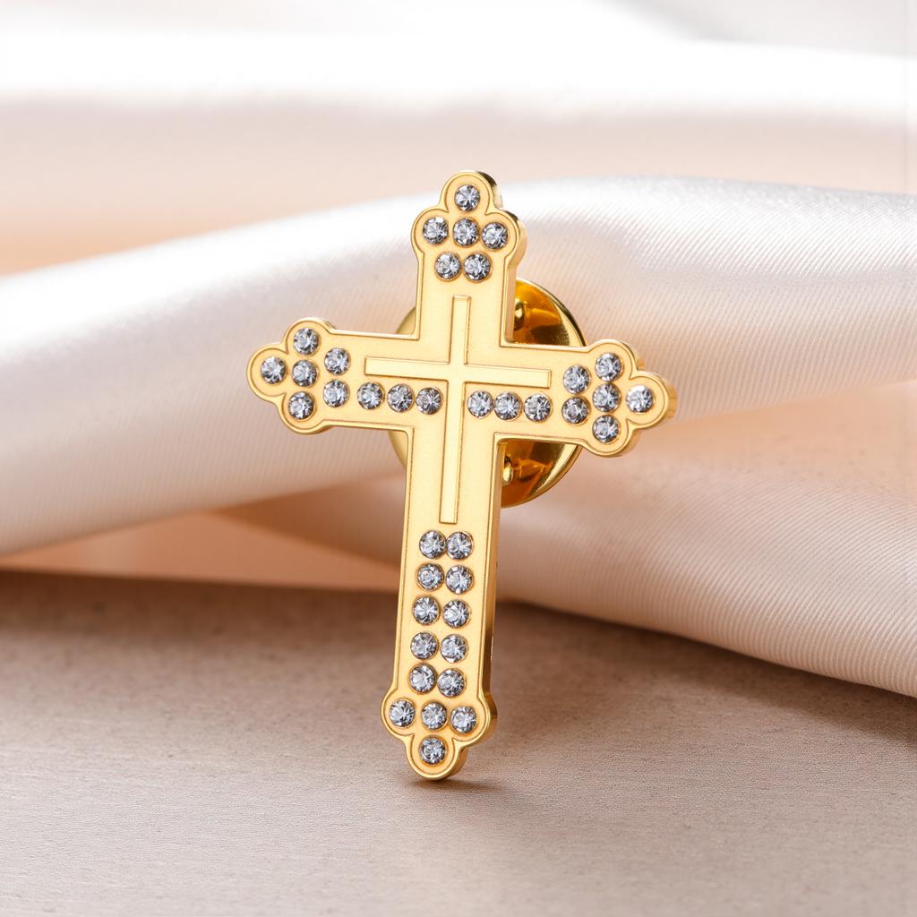 Christian Catholic Cross Lapel Pins Men Women Brooch Clear Zircon Stainless Steel Metal Pins Backpack Badges Religious Jewelry