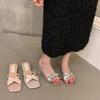 French Medium Heel Temperament Silver Bow Cool Slippers Women's Shoes 2025 New Summer Skirt Fairy Sandals