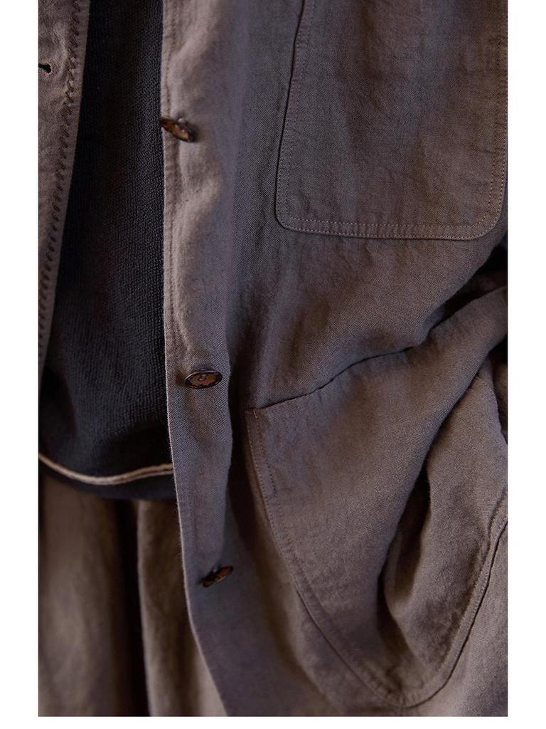 Spring Summer Retro Women's Tea Brown Linen Plus Size Slimming Loose Lapel Shirt Outerwear