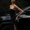 Abito Midi Sexy Senza Spalline con Volant Spacco Abito da Spiaggia Donna 2025 Estate Slim Fit Festa Femminile Vestido