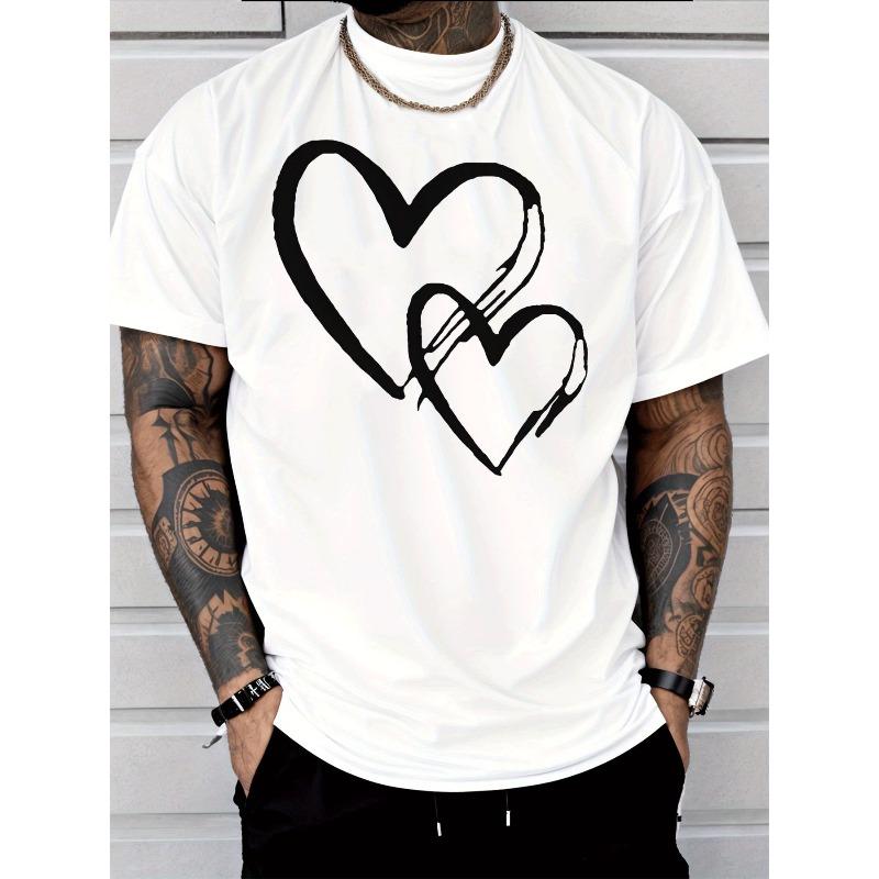 European sizes Classic Men's Fashion Casual Trendy Street Style Short Sleeve T Shirt with Two Interlocking White Heart Sketch Pattern Adults