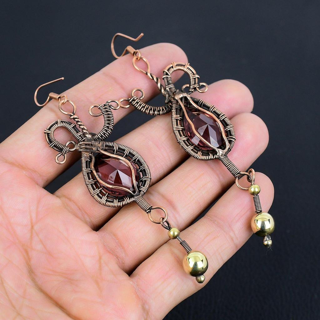 Garnet Jewelry, 999 Copper Wire Wrapped Earrings, Handmade Gemstone Jewelry Earrings For Memorial Day