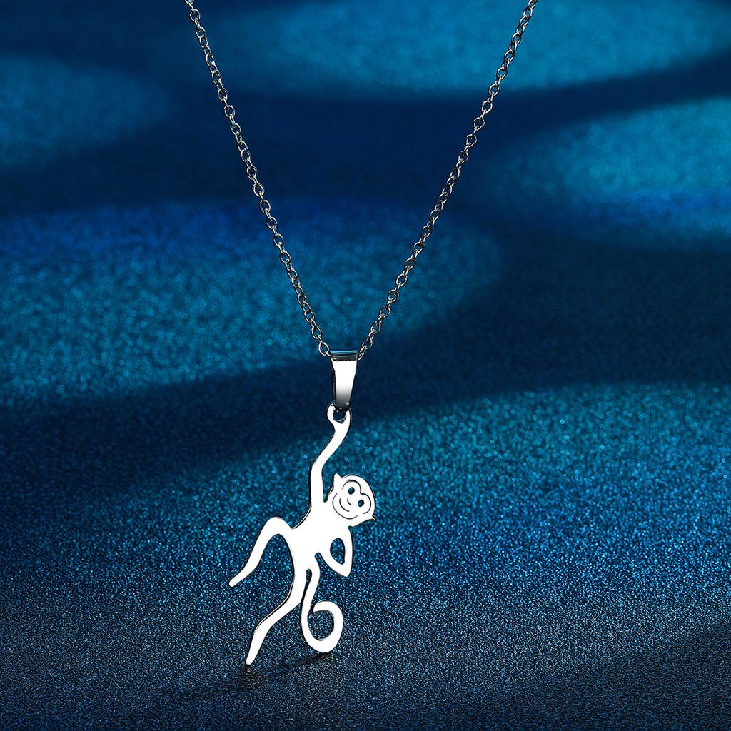 Kinitial Stainless Steel Tiny Monkey Necklace Animal Pendant Spirit Totem Necklaces For Charm Women Birthday Party Chain Jewelry