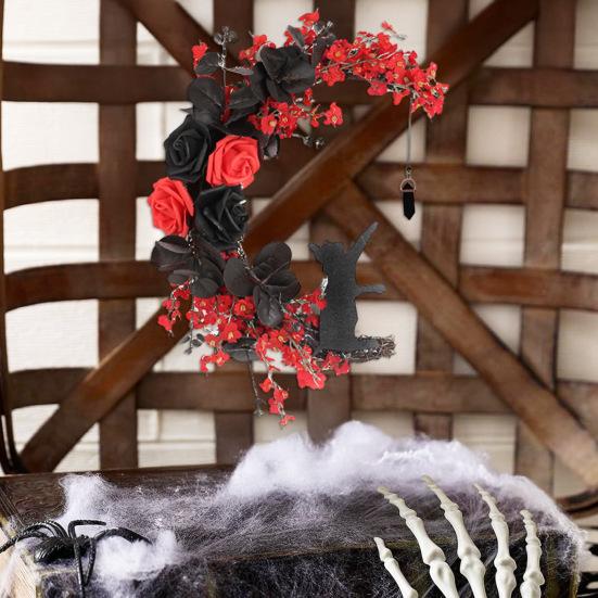 Halloween Moon Cat Wreath for Front Door Crescent Moon Wreath Sign with Artificial Rose Flowers for Gothic Home Decoration