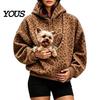 Women Oversized Hoodie Leopard Print Pet Carrier for Women, Hooded Sweatshirt Dog Hands Free & Cat Carrying, Long Sleeve Pullover Top with