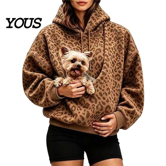 Women Oversized Hoodie Leopard Print Pet Carrier for Women, Hooded Sweatshirt Dog Hands Free & Cat Carrying, Long Sleeve Pullover Top with