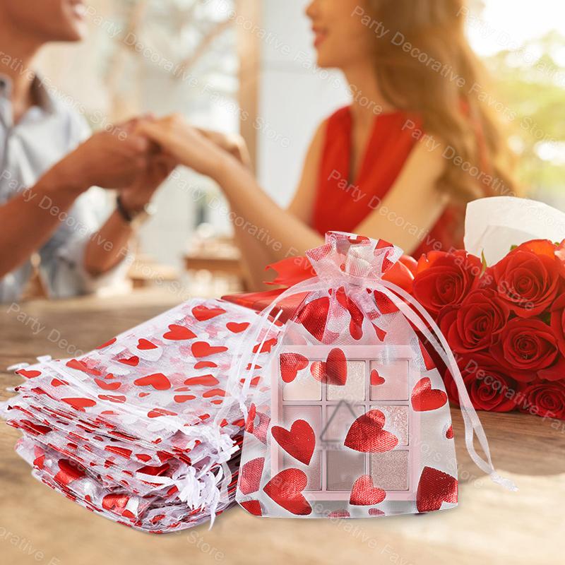 50 Pcs Red Love Heart Organza Bags Satin Drawstring Valentine's Day Christmas Candy Jewelry Bags Pouches Wedding Party Birthday