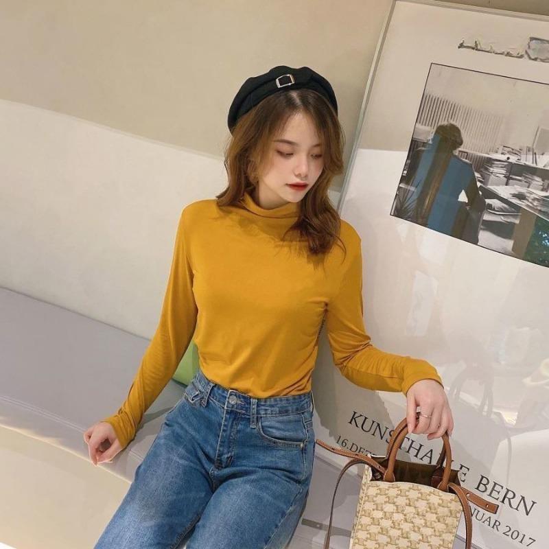 

Высокая эластичность полувысокий воротник повседневный тонкий пуловер базовый длинный рукав бесшовный однотонный женский топ оранжевый