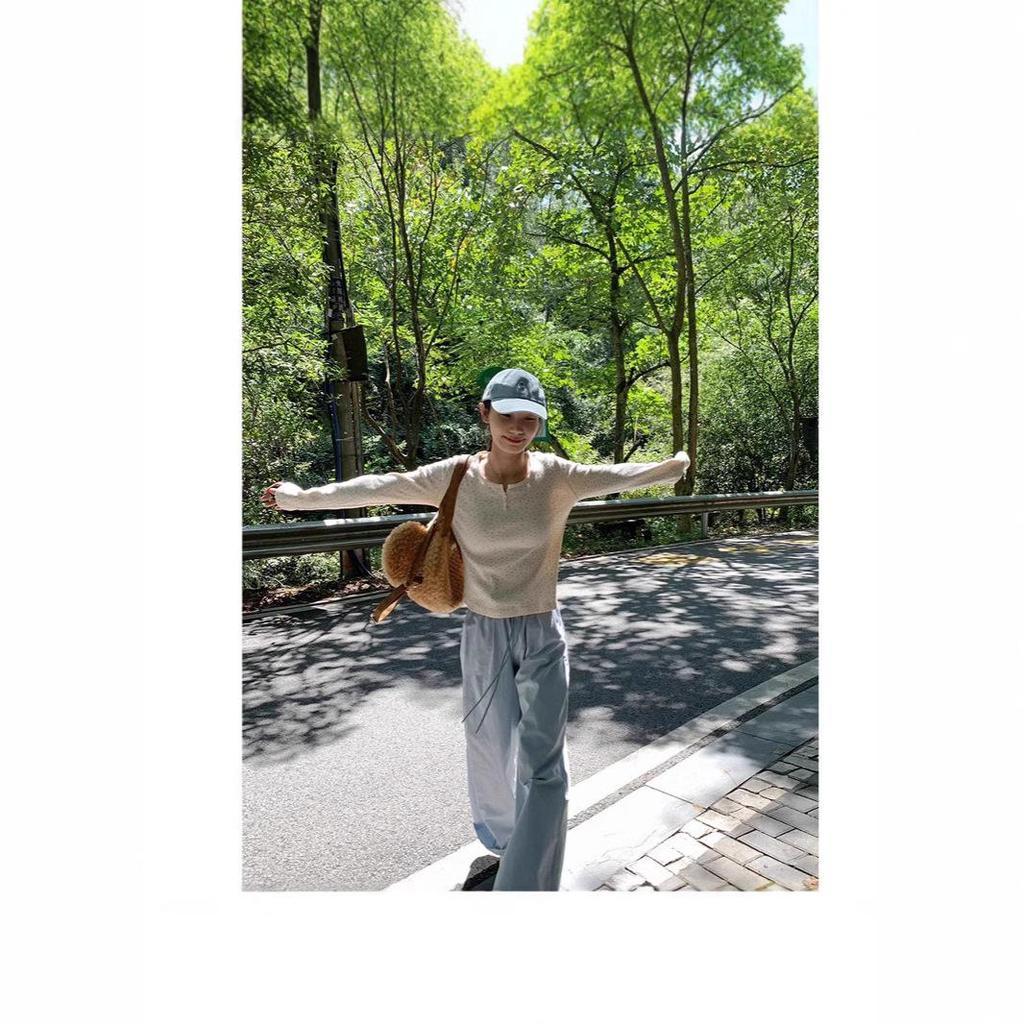 Women's Spring 2025 Floral U-Neck Button Puff Sleeve Pure Cotton Long Sleeve Top