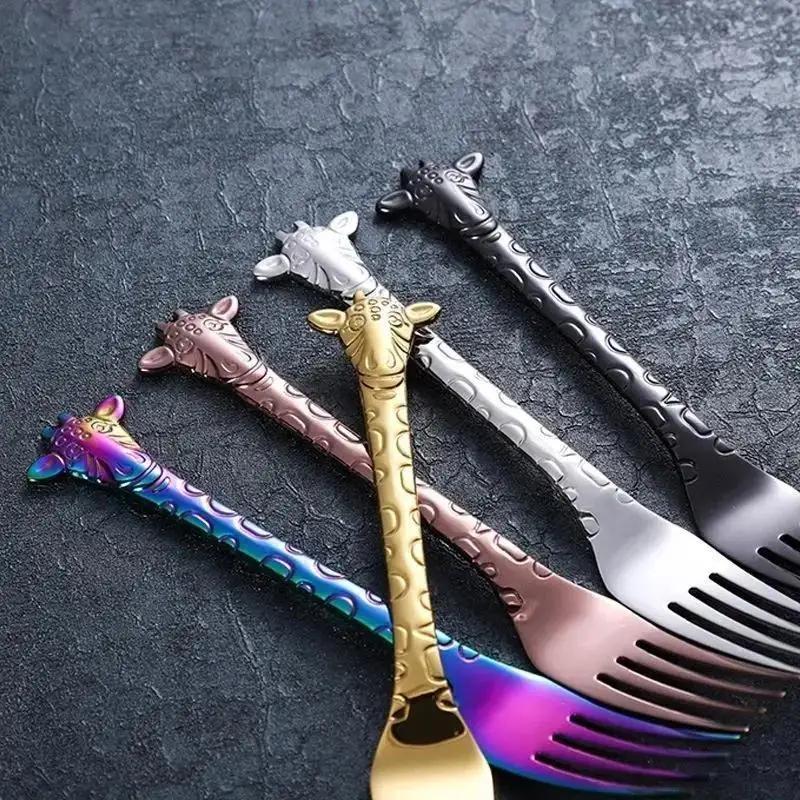 1PC Stainless Steel Coffee Spoon Cartoon Giraffe Shaped Spoon Animal Cake Dessert Fork Spoon Coffee Spoon