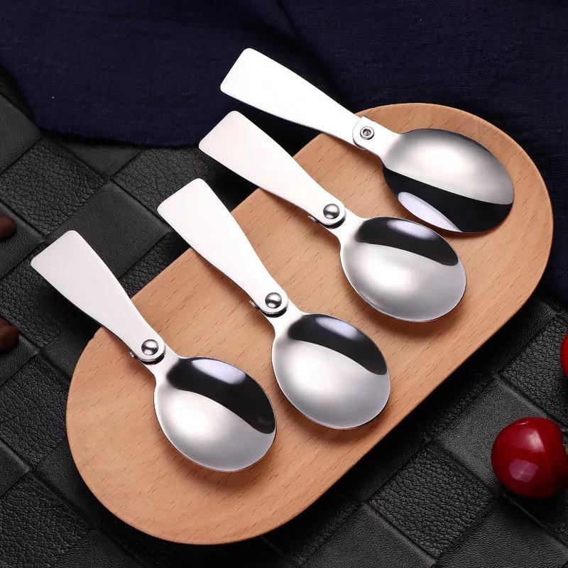 Portable Foldable Spoon Silver Stainless Steel Picnic Camping Folding Spoon For Outdoor Hiking Travel Tableware Kitchen Supplies