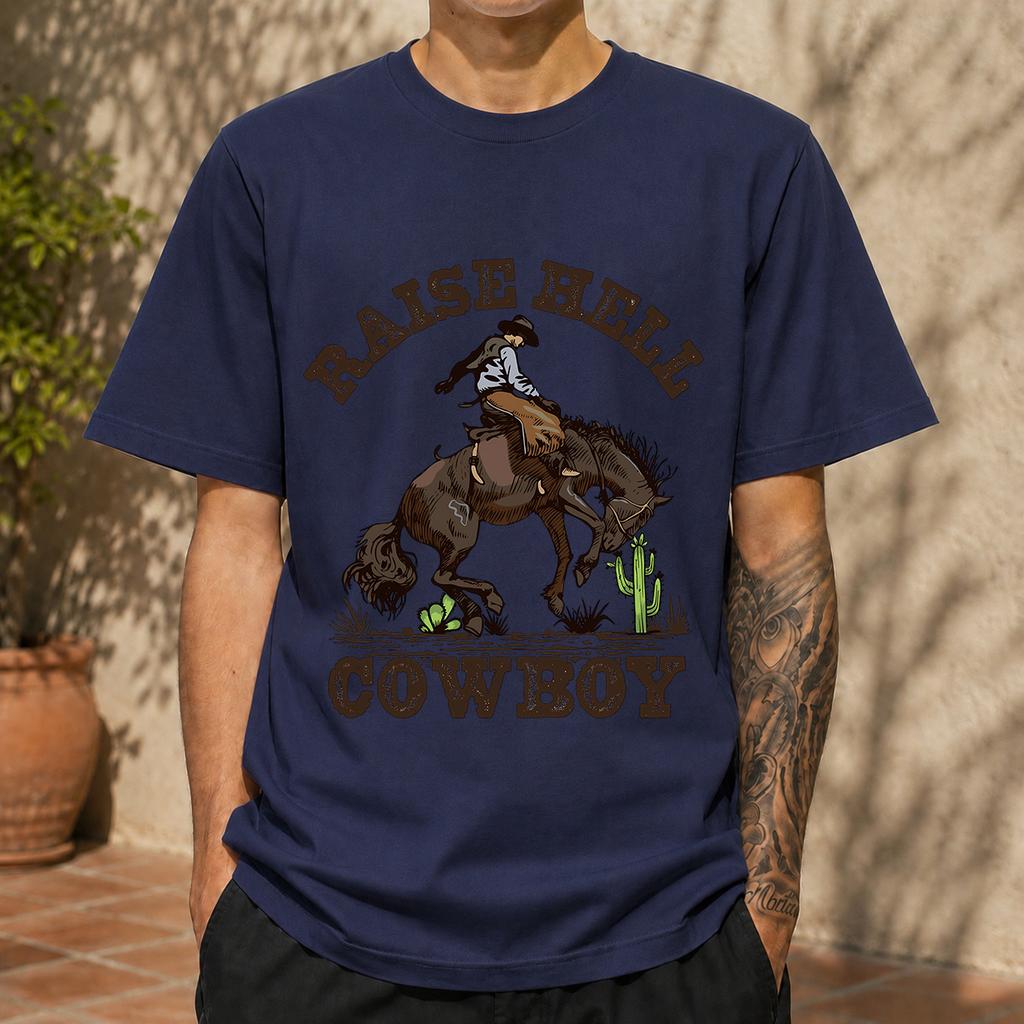2026 New Pure Cotton Tshirt A Ruckus With The Cowboy Western Style Print Crew Neck Short Sleeve Casual Top
