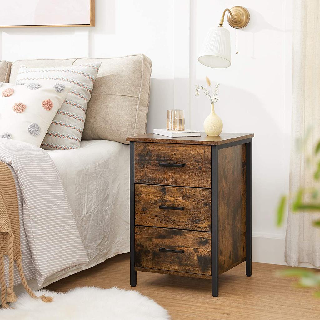 VASAGLE Bedside Table with 3 Drawers, Bedside Table, Side Table, Bedroom, Living Room, 40 x 40 x 60 cm, Industrial Design, Vintage Brown/Black
