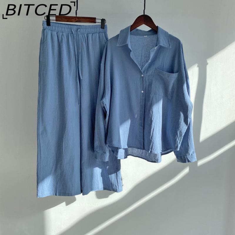 BITCED Women's 2-piece Vintage Plus-size Cotton and Linen Shirt Set High-waisted Loose Trousers