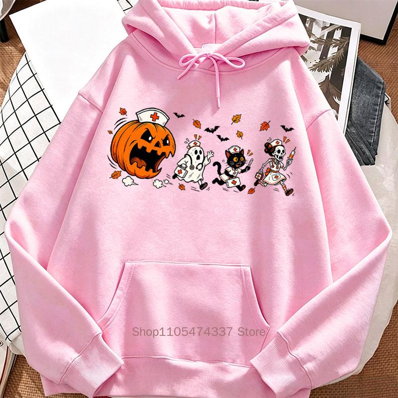 Retro Halloween Theme Hoodie Women Fall Winter Casual Fashion Funny Vintage High Quality Long Sleeve Fleece Pullover Sweatshirts