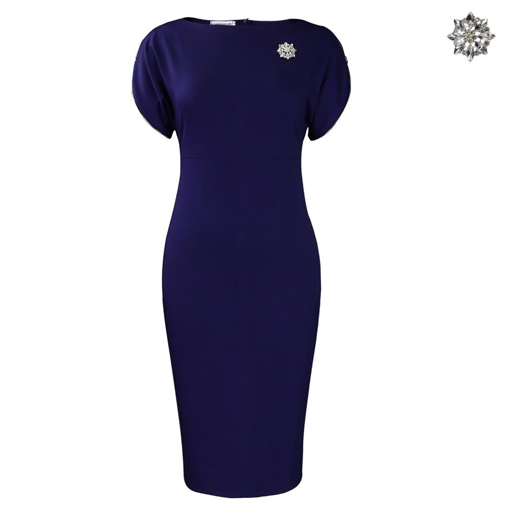 Women's Round Neck Short Sleeve Midi Pencil Dress Slim Fit High Waist Elegant Solid Color Office Dress With Brooch