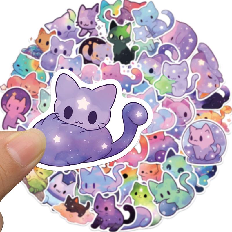 50PCS Cartoon Rainbow Starry Sky Cat Stickers Kawaii Space Cat Stickers,Galaxy Cate Stickers Aesthetic Cat Waterproof Stickers