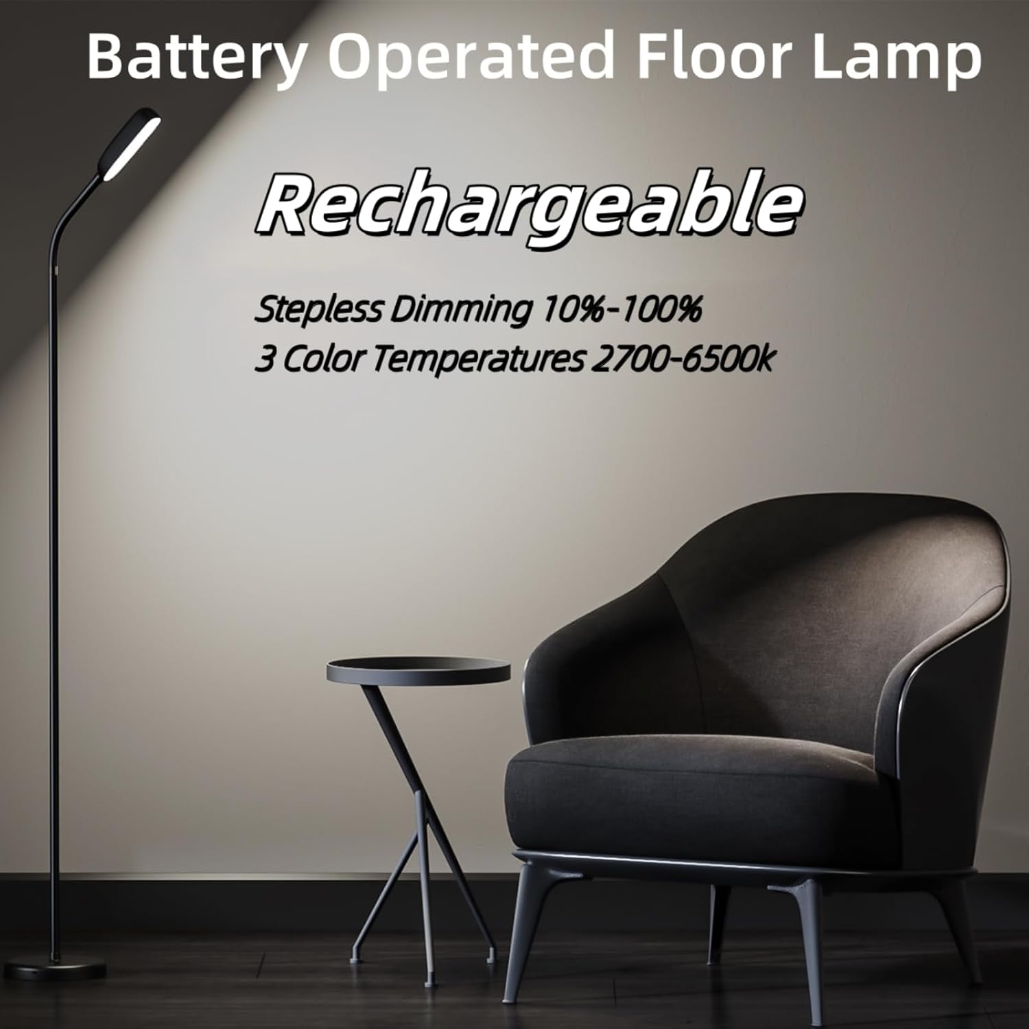 Беспроводной напольный светильник, перезаряжаемый, сенсорное управление, 3 цветовые температуры, портативная светодиодная лампа для гостиной, кемпинга, аварийного использования белый