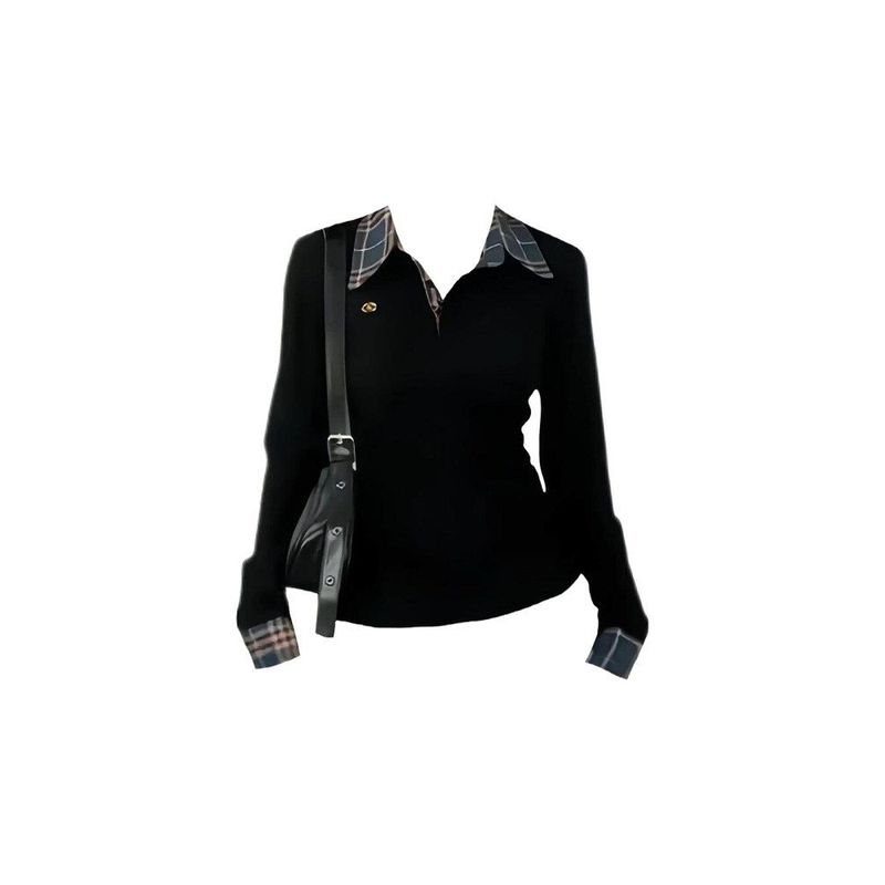 Plus Size Chubby Girl Korean Style Plaid Lapel Stitching Long Sleeve T-shirt Women's Autumn New Arrival Silm Slim Fit Versatile Top Tide