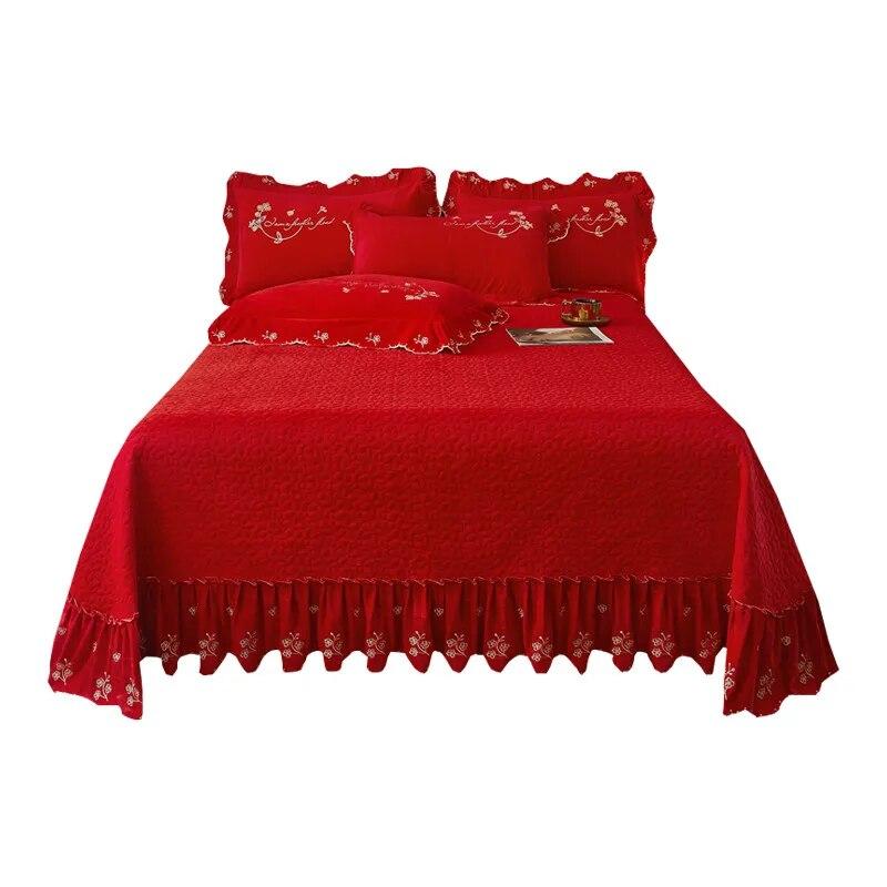 Thickened Velvet Bedspread Coverlet Quilted Soft Bed Sheet Embroidery Ruffle Skirt Queen King Size 3pcs Droppshipping