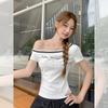 Korean slanted shoulder lace-up design off-the-shoulder letter printing short-sleeved T-shirt women's summer new slim-fitting top