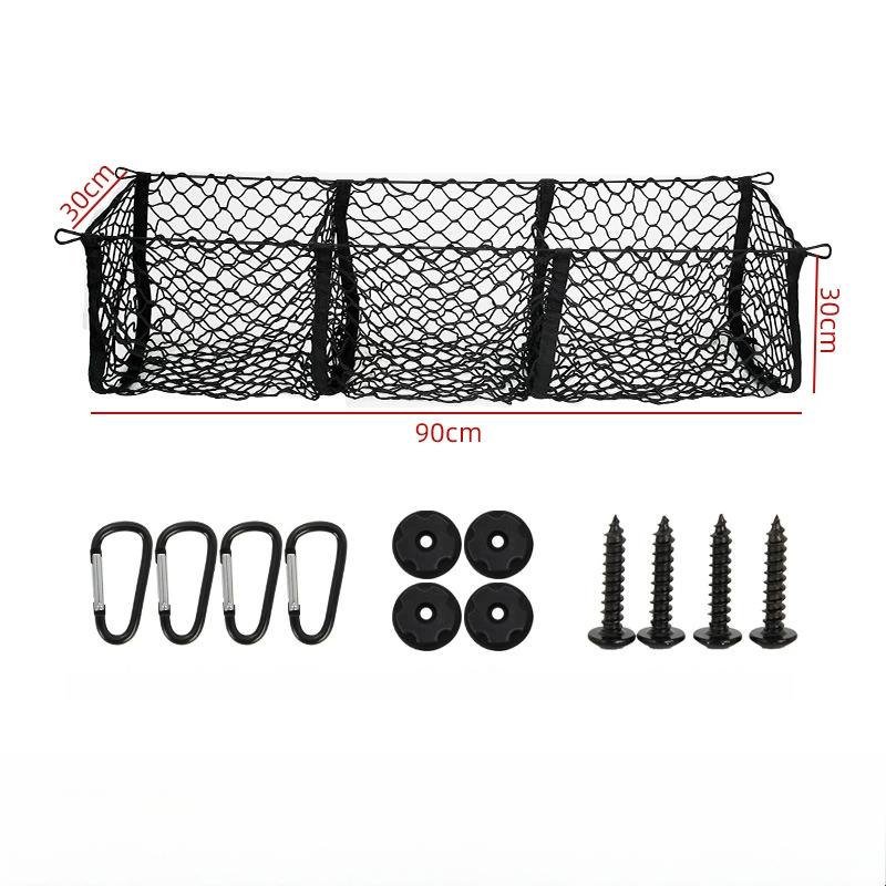 Cargo Net For Car, Expandable 3 Pocket Cargo Net Organizer, Black Mesh Storage Pocket With 4 Metal Carabiners Universal For Car