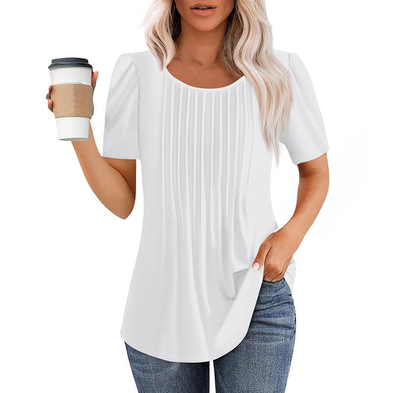 European And American Women's Tops New Style Pleated Round Neck Short-sleeved T-shirt Women's Shirt