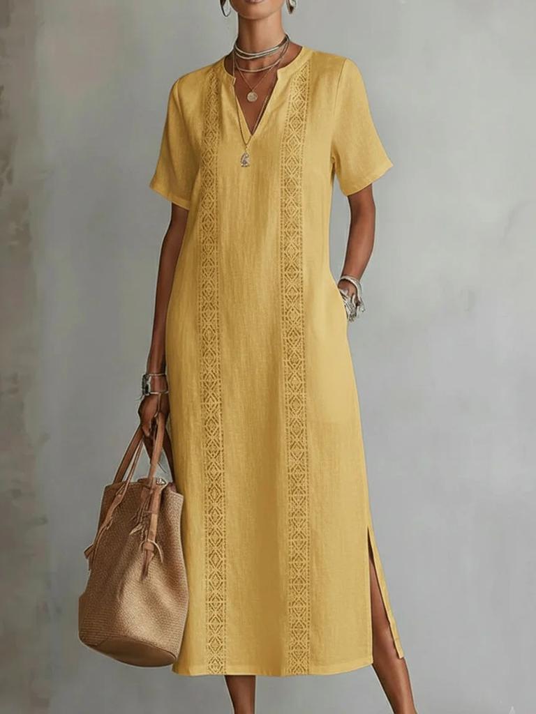 Vintage Comfortable Hollow Lace V-Neck Loose Cotton Linen Dress for Women