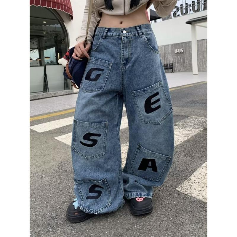 

Retro design sense niche washed scimitar jeans women s summer multi-pocket printed tooling floor pants 3XL синий