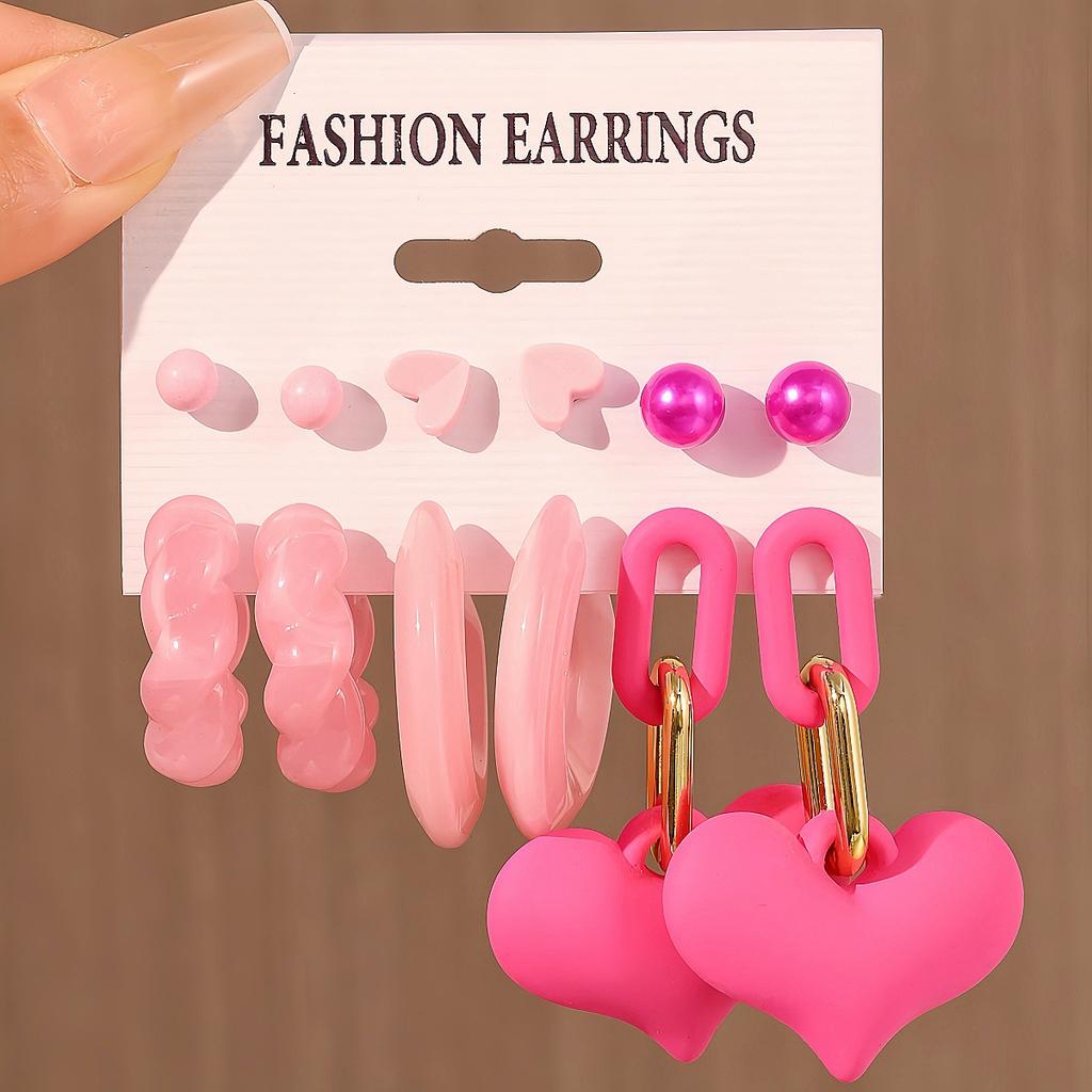 6 Pairs of Pink Suits, Fashion Pearl Love Earrings, Earrings, Card Packs, Resin Earrings for Women