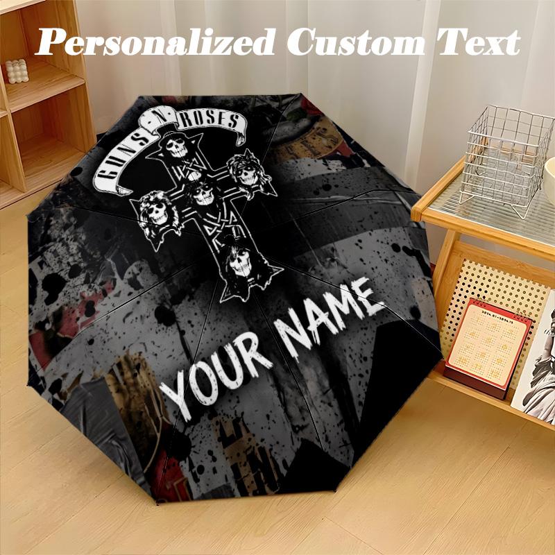 Guns N’ Roses Automatic 8‑ribs Umbrella, Custom Name Text Personalized Folding Umbrella Rain Sun Gift