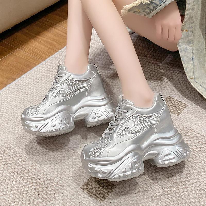 Fashion NEW Women Casual Platform Sneakers 10CM High Heels 2025 Winter Sports Leather Shoes Bling Trainers Chunky Boots Zapatillas Mujer