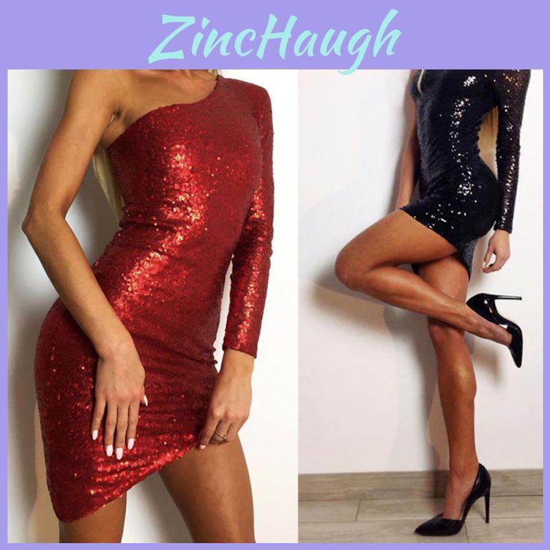 Womens Evening Party Skirt Sexy Single Sleeve Club Dress With Sparkling Night Sequin Shoulder
