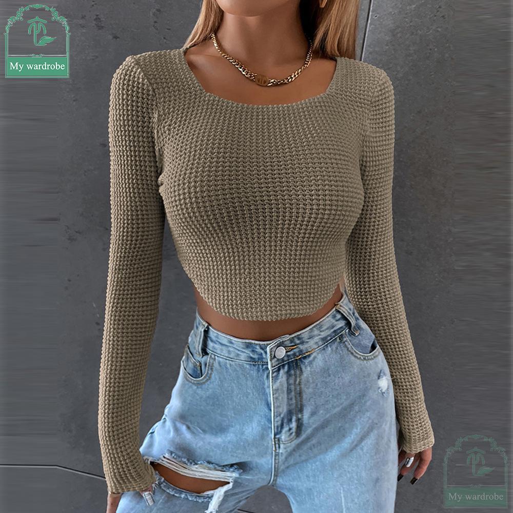 My Garderobe Authorization Damen Langarm-Strick-Crop-Top, quadratischer Ausschnitt, tailliert, asymmetrischer Saum, kurze T-Shirts