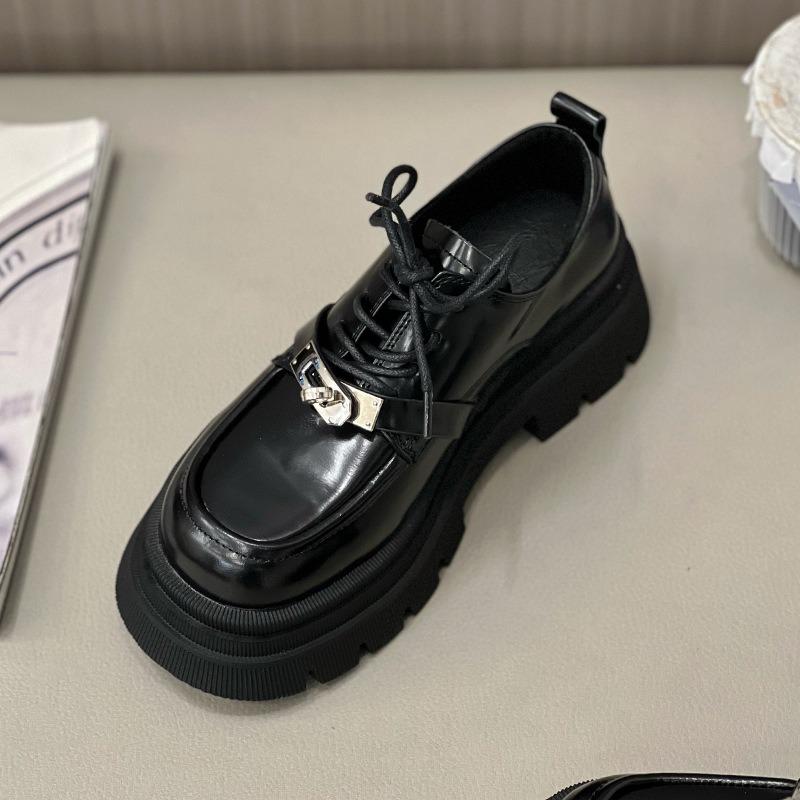 Coarse heel metal buckle single shoes women's new platform Mary Jane lace-up leather shoes