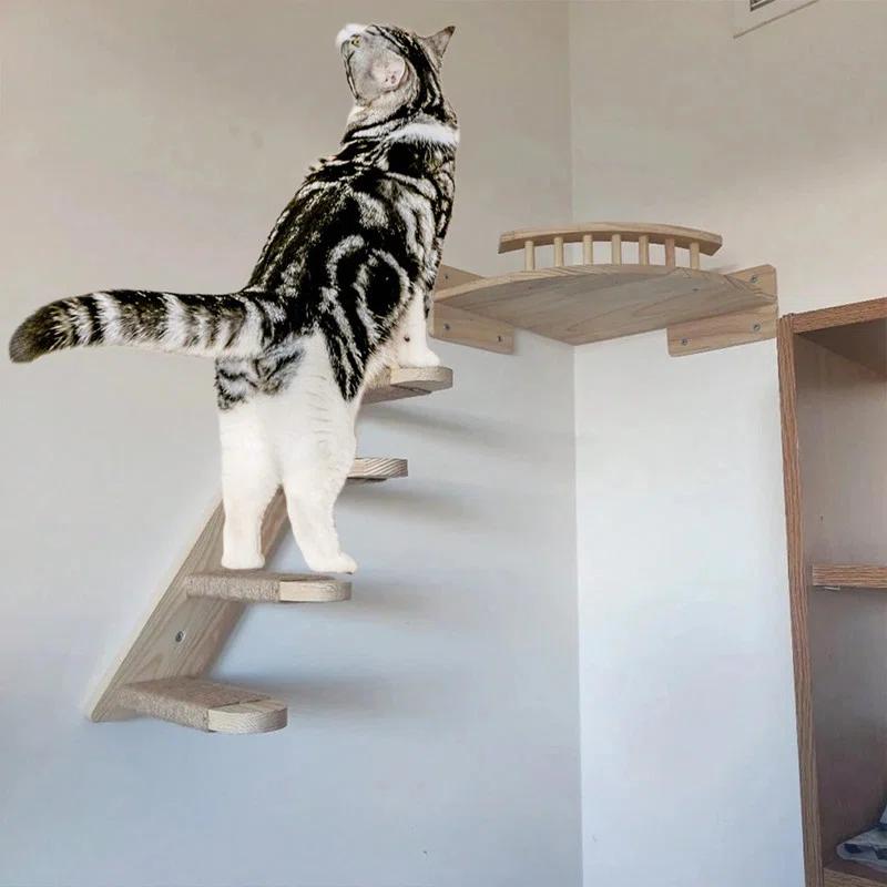 Wall-mounted Solid Wood Steps and Sisal Rope Kitten Claw Training Indoor Cat Furniture Cat Climbing Rope