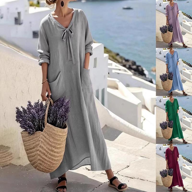 

Летнее женское серое льняное макси-платье с V-образным вырезом, завязкой спереди, карманом S серый