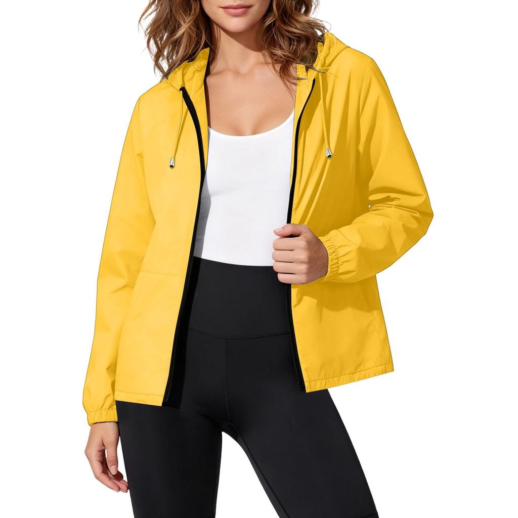 Wasserdichte Winddichte Kapuzenjacke für Damen, Leichter Reißverschluss-Regenmantel für Draußen mit Verstellbarem Kordelzug und Taschen für Reisen und Wandern