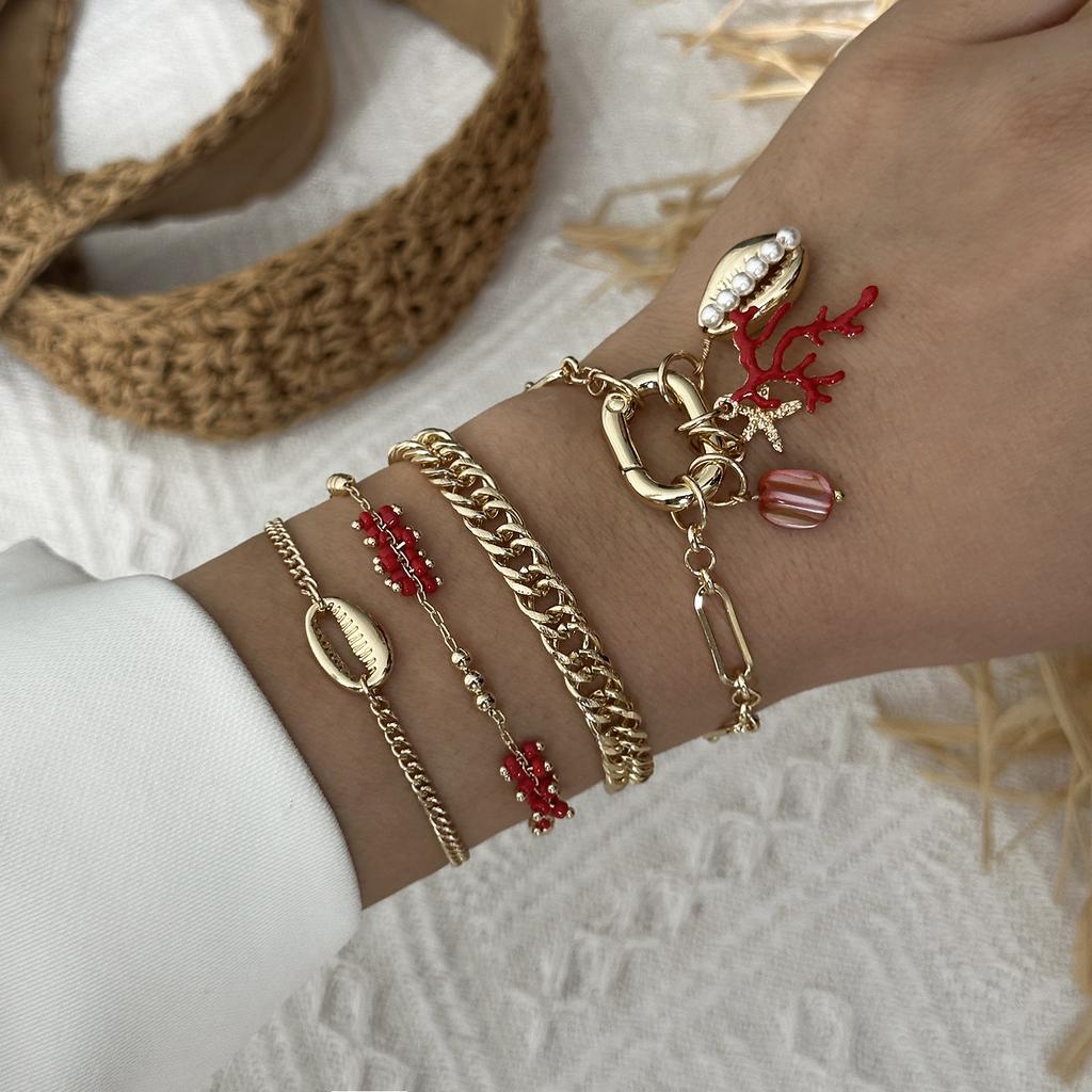 Boho Multilayer Stacked Bracelets Set For Women Ocean Red Coral Starfish Shell Beaded Metal Chain Bangles Summer Beach Jewelry
