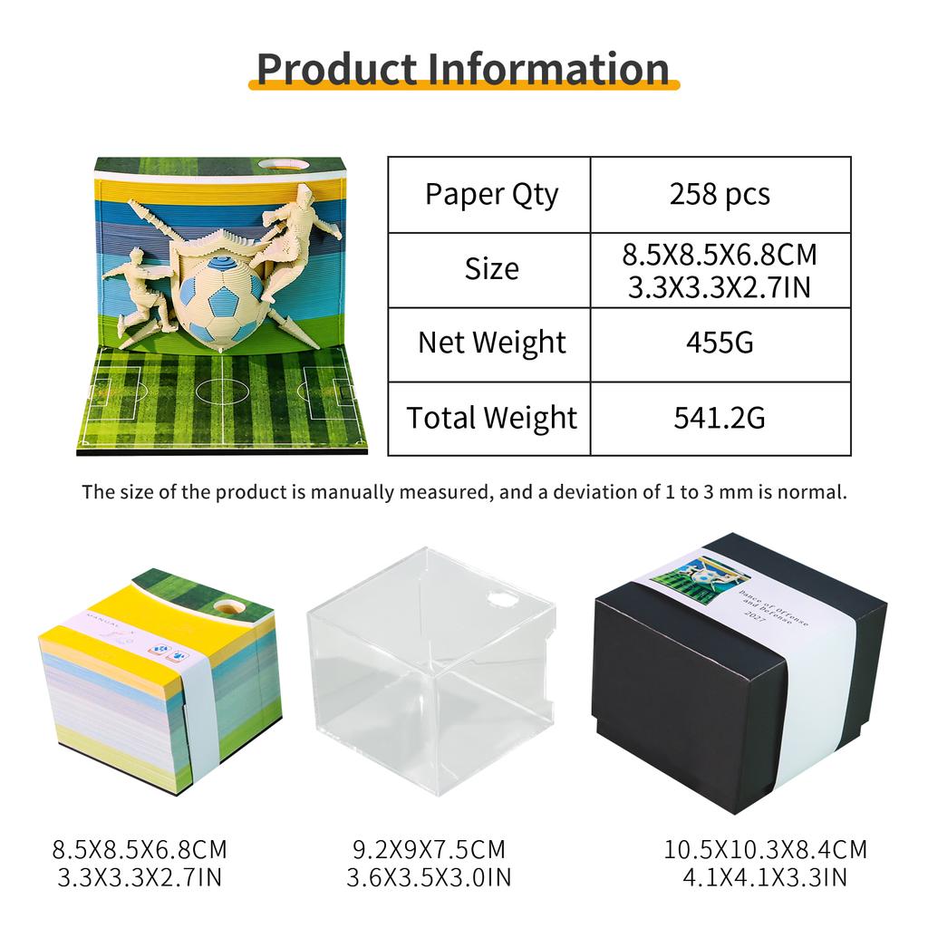 WorldCup Theme 3D Football Memo Pad Creative Soccer Paper Sculpture Calendar DIY Desk Decor Souvenir with Pen Holder&Gift Box