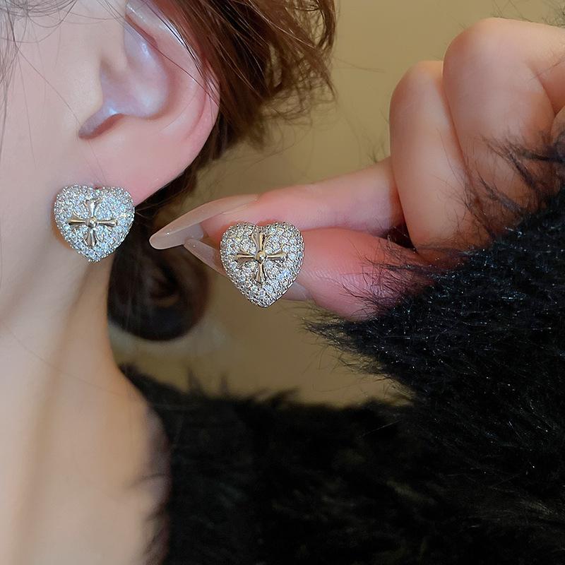 Luxury Zircon Heart Cross Earrings: Gold-Plated Sterling Silver, Elegant European & American Style for Women