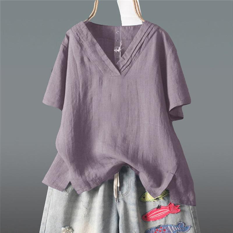 Women's Short Sleeve Cotton Linen Shirts Tunic Loose Large Ladies Tops and Blouses Casual White Shirt Clothes
